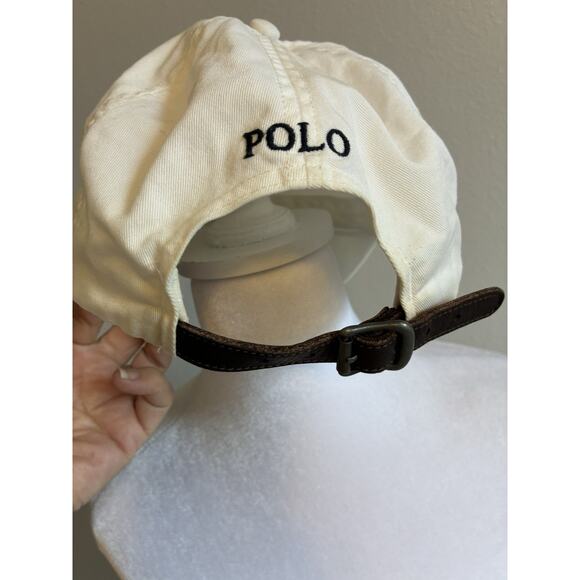Vintage 90s Polo Ralph Lauren Hat WHITE Blue Pony Logo Leather Strap Preppy READ - Picture 2 of 14
